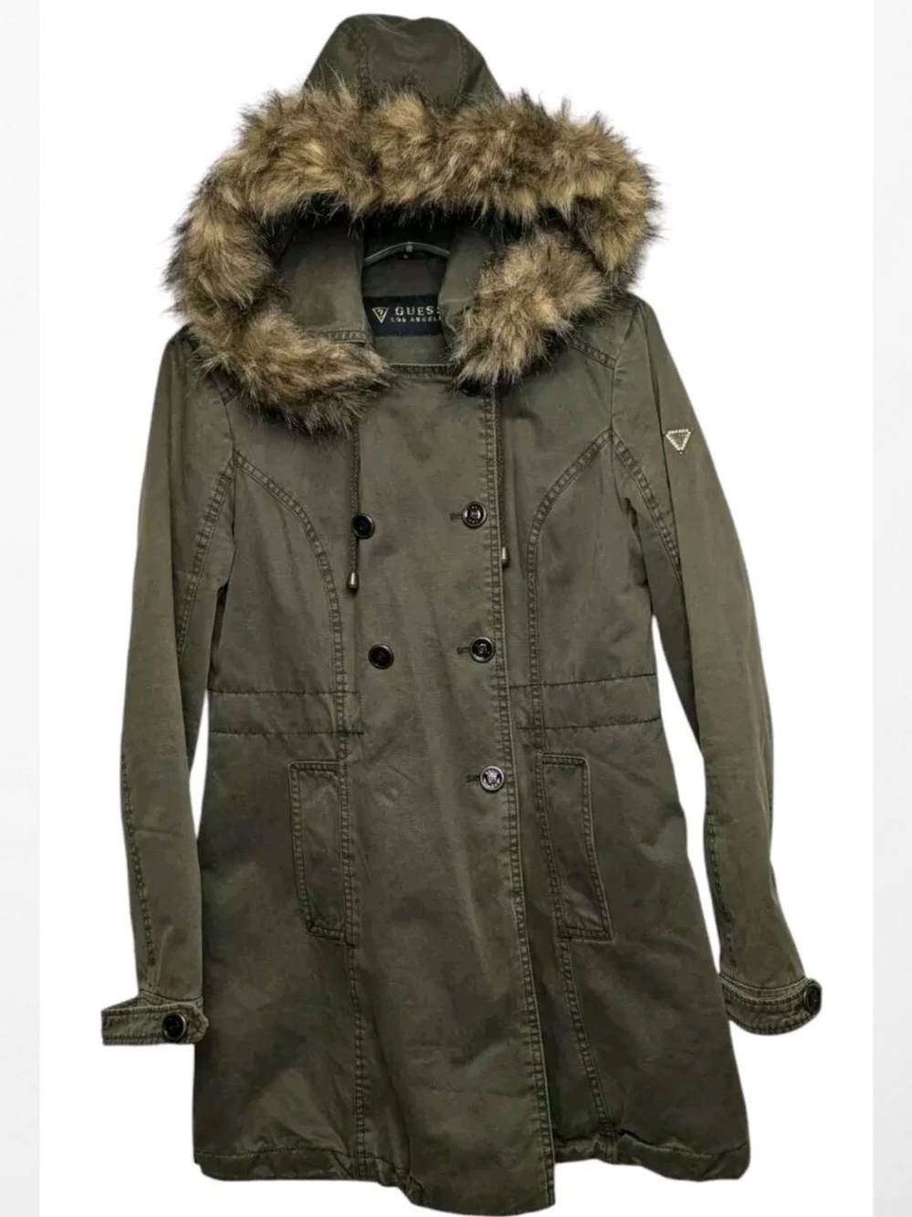 Guess Military Style Coat Medium Fur Trim Hood